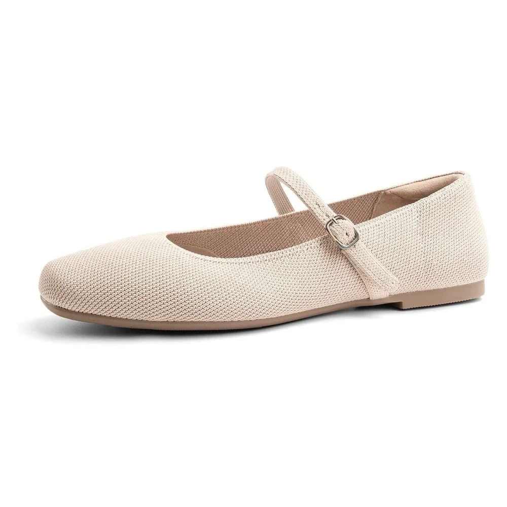 Airsmile Womens Knit Mary Jane Flats Square Toe Beige Buckle Strap Shoes Size 10